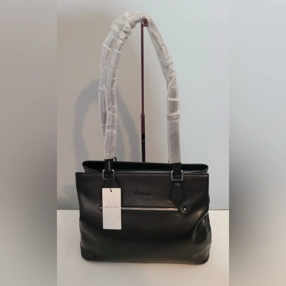Bostanten Black Leather Tote Bag Shoulder Purse NWT